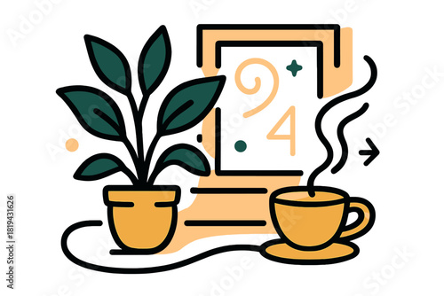 Warm Interior Harmony. One-line warm interior with plants. Smooth looping stroke connecting pot, leaves,