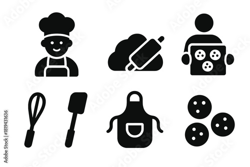 Family Baking Icons. Family Baking. Filled icon set of Family Baking: child chef, parent baker, cookie dough,