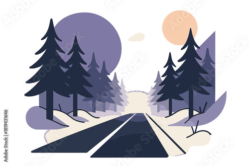 Snowy Road Tranquility. Silent road moment. Empty snowy road between forest lines, distant car lights glowing