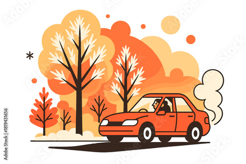 Frosty Morning Drive. Morning frost journey. Golden light shining on frosted trees as car passes, vapor trail