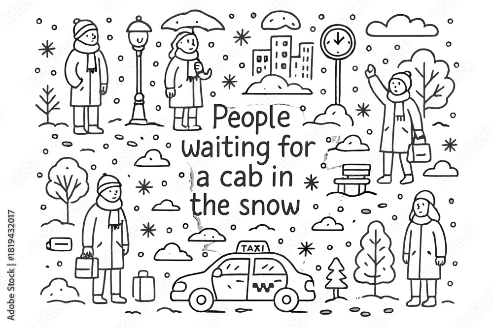 Obraz premium Snowy Taxi Wait. People waiting for a cab in the snow. Hand-drawn doodle illustration of People waiting for a