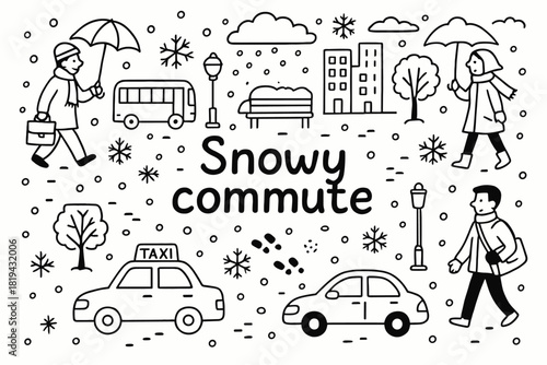 Snowy Commute Doodle. Snowy commute. Hand-drawn doodle illustration of Snowy commute. People with bags, taxis,
