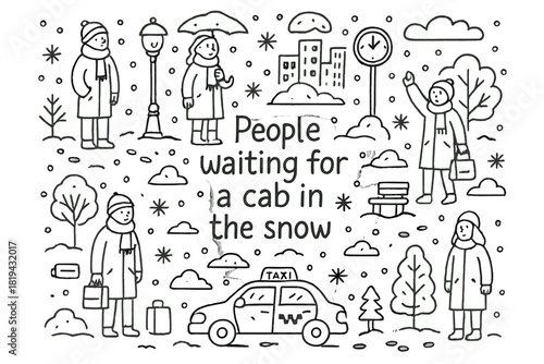 Snowy Taxi Wait. People waiting for a cab in the snow. Hand-drawn doodle illustration of People waiting for a