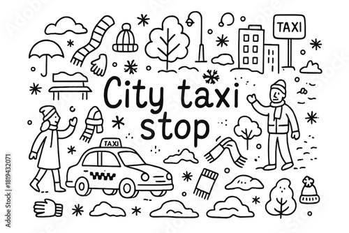 City Taxi Doodle. City taxi stop. Hand-drawn doodle illustration of City taxi stop. Taxi, people, buildings,