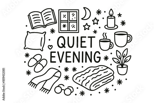 Quiet Evening Doodle. Quiet Evening. Hand-drawn doodle illustration of Quiet Evening. Book, frosted window,