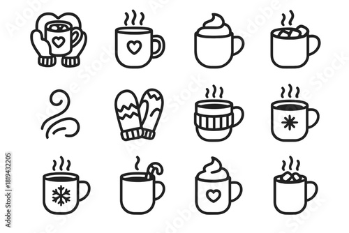 Warm Cocoa Icons. Warm cocoa love. Line outline icon set of warm cocoa love: mittens holding cocoa, cocoa with