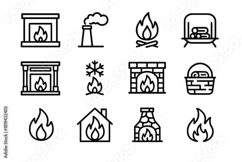 Winter Hearth Icon Set. Winter hearth. Line outline icon set of winter hearth: classic fireplace, chimney