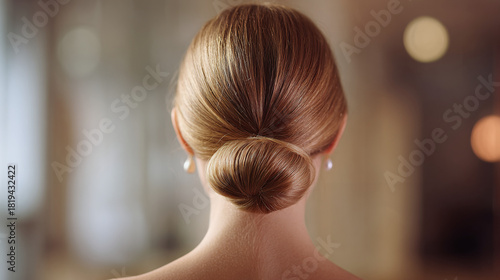 A woman's elegant updo, showcasing her smooth, styled hair and pearl earrings. The back of her head is turned to the viewer, with a soft, warm ambiance