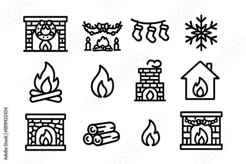 Holiday Hearth Icons. Holiday hearth. Line outline icon set of holiday hearth: Christmas fireplace, decorated