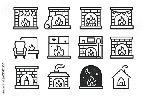 Cozy Fireplace Icons. Fireplace scenes. Line outline icon set of fireplace scenes: fire with stockings, cat