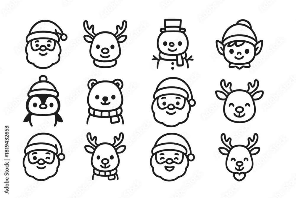Obraz premium Cute Winter Icons. Cute winter characters. Line outline icon set of cute winter characters: kawaii Santa,