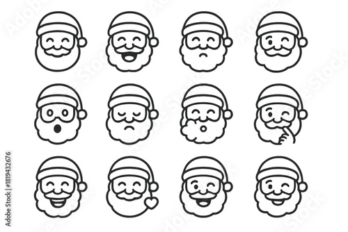 Santa Expressions Icons. Santa expressions. Line outline icon set of Santa expressions: happy Santa, laughing