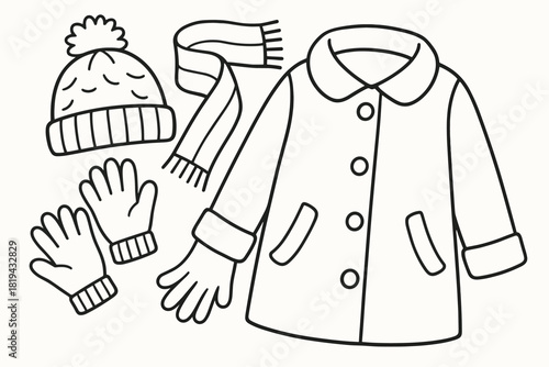 Kids' Winter Accessories. Warm accessories flat lay children’s coloring book illustration, outlined drawing,