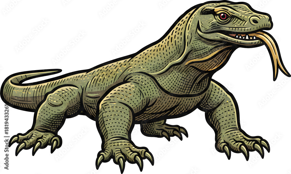 Fototapeta premium Realistic komodo dragon or monitor lizard illustration walking suitable for wildlife educational materials and zoo promotion graphics isolated on white background