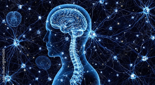 Human brain neurons concept in blue, connecting the spinal cord on dark background. Concept for neurology, medical research and neuroscience