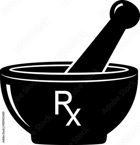 Drug preparation pharmacy icon, Mortar and pestle icon black silhouette on white background,Pharmacy Mortar and Pestle with RX Symbol