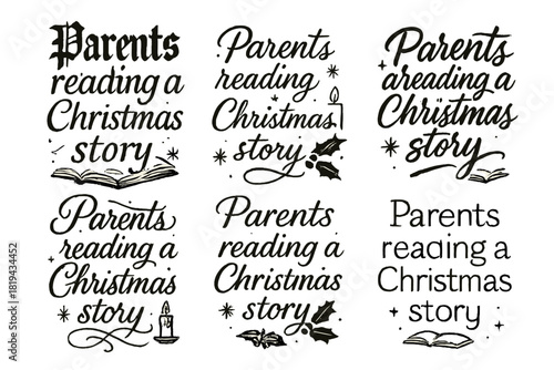 Festive Calligraphy Montage. Parents reading a Christmas story. Create a calligraphy lettering illustration of