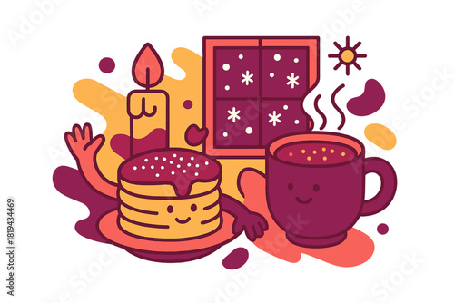 Cozy Winter Breakfast. Winter breakfast warmth. Pancakes topped with powdered sugar and cup of cocoa beside