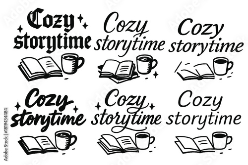 Cozy Calligraphy Styles. Cozy storytime. Create a calligraphy lettering illustration of the phrase: Cozy
