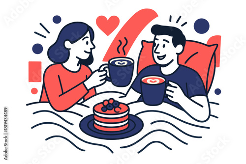 Romantic Breakfast Moment. Romantic breakfast mood. Two mugs of cocoa with hearts in foam, shared pancakes