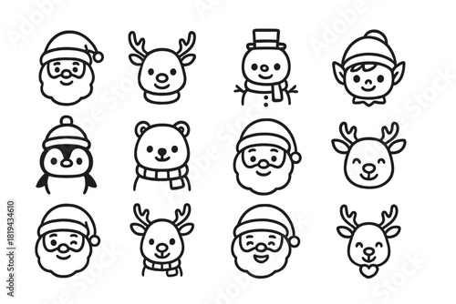 Cute Winter Icons. Cute winter characters. Line outline icon set of cute winter characters: kawaii Santa,