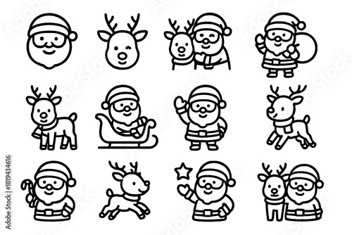 Santa and Rudolph Icons. Santa and Rudolph. Line outline icon set of Santa and Rudolph: Santa smiling, Rudolph
