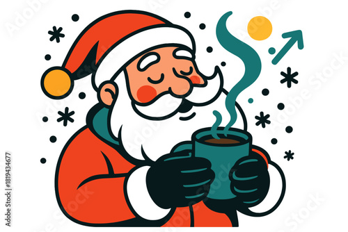 Santa's Cozy Cocoa. Santa drinking hot cocoa. Warm festive moment with Santa holding a steaming mug, eyes