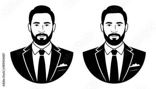 Two businessmen in suits with beards are shown from the chest up.