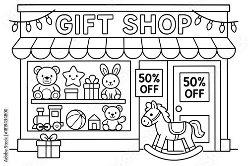 Gift Shop Coloring Page. Gift shop storefront children’s coloring book illustration, outlined drawing, toy and