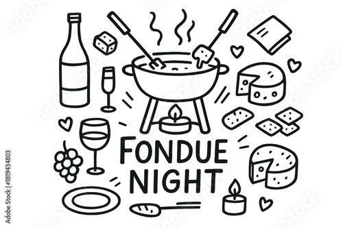 Fondue Night Doodle. Fondue Night. Hand-drawn doodle illustration of Fondue Night. Fondue pot, cheese, forks,