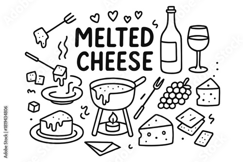 Melted Cheese Delight. Melted Cheese. Hand-drawn doodle illustration of Melted Cheese. Fondue pot, dripping