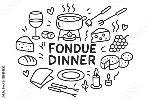 Fondue Dinner Doodle. Fondue Dinner. Hand-drawn doodle illustration of Fondue Dinner. Fondue pot, melted