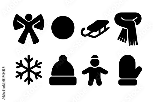 Winter Games Icons. Winter Games. Filled icon set of Winter Games: snow angel, snowball, sled, scarf,