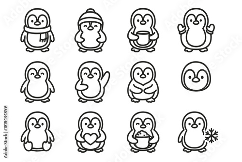 Cozy Penguin Icons. Cozy penguins. Line outline icon set of cozy penguins: penguin with scarf, penguin wearing