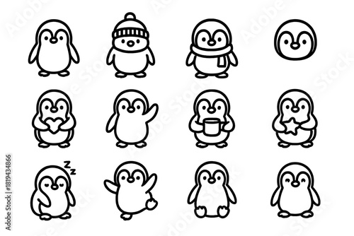 Cute Penguin Icons. Cute penguins. Line outline icon set of cute penguins: standing penguin, penguin with