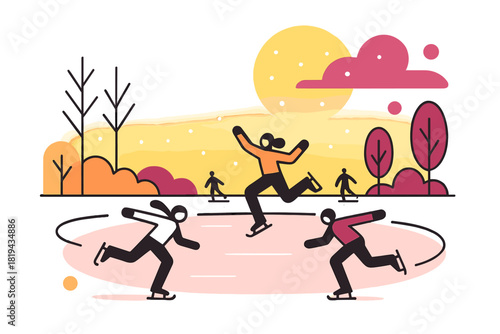 Frozen Pond Tranquility. Frozen park serenity. Wide view of frozen pond, silhouettes of skaters in distance,