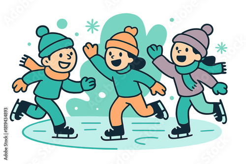 Winter Rink Fun. Snowy rink laughter. Kids chasing each other on skates, colorful hats and mittens brightening