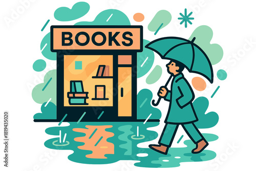Rainy Bookstore Reflections. Rainy book night. Reflections of bookstore lights shimmering in puddles, person