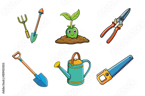 A set of  gardening icons with various tools for planting flowers and trees in a spring garden