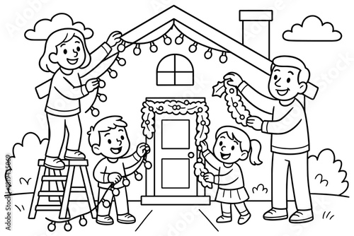 Family Decorating Coloring Page. Family decorating house exterior children’s coloring book illustration,