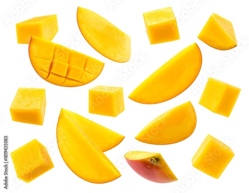 Sections of ripe, golden fruit arranged against a stark white background
