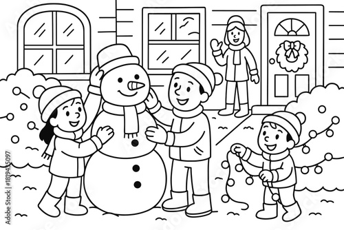 Festive Yard Coloring Fun. Festive front yard decorating children’s coloring book illustration, outlined