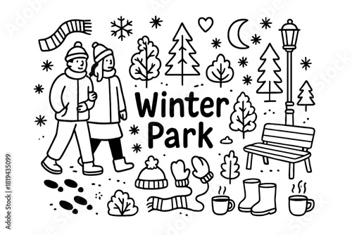 Winter Park Doodle. Winter Park. Hand-drawn doodle illustration of Winter Park. Couple walking, snowflakes,
