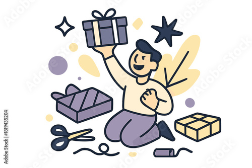 Festive Gift Joy. Gift wrapping joy. Person holding up finished gift proudly, surrounded by scattered
