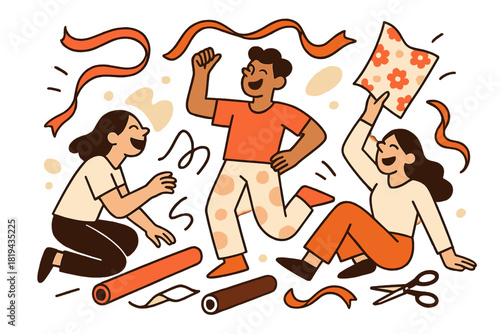 Colorful Wrapping Frenzy. Wrapping paper chaos. Scene full of color and motion — ribbons flying, paper rolls