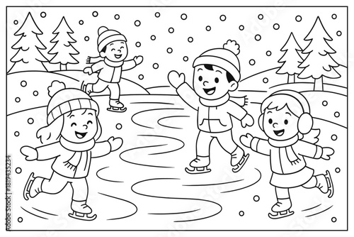 Winter Skating Fun. Winter skating scene children’s coloring book illustration, outlined drawing, cheerful