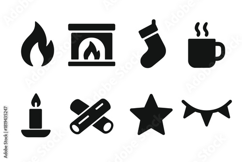 Fireplace Icon Set. Fireplace Warmth. Filled icon set of Fireplace Warmth: fire flame, mantel, stockings, mug,