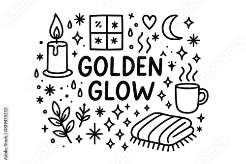 Golden Glow Doodle. Golden Glow. Hand-drawn doodle illustration of Golden Glow. Candle, flame, wax drips,
