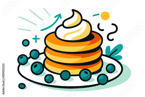 Blueberry Pancake Delight. Pancakes with blueberries and cream. Blue fruit scattered across the plate, cream