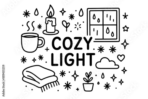 Cozy Winter Doodle. Cozy Light. Hand-drawn doodle illustration of Cozy Light. Candle, wax drips, flame, window